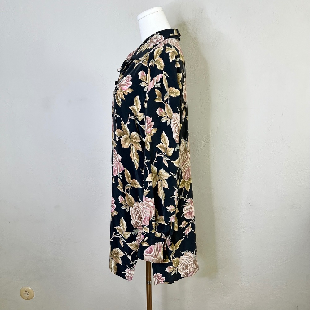 Dana Buchman 100% Silk Floral Tunic Size 6 Black Pink Long Sleeve Collar Vintage - Picture 3 of 10